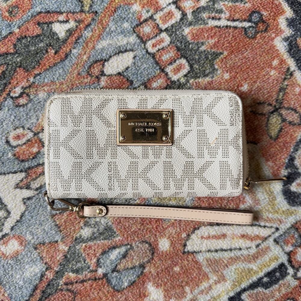 Michael Kors White MK Logo Zip Around Wallet Wristlet 6.75” x 3.75